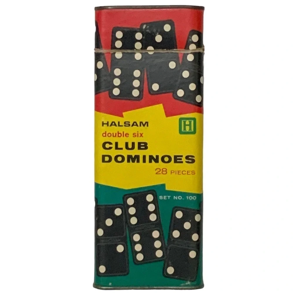 Vintage Haslam 1960’s Wood Dominos 28 Pc Original Cardboard Metal Box Set No 100
